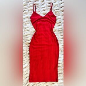SHEIN - Red Ribbed Spaghetti Strap Bodycon Midi Dress